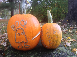 two bright orange pumpkins side by side each with scabbed over drawn images: one is a ghost with the word Boo and the other has the words Golden Stage Inn