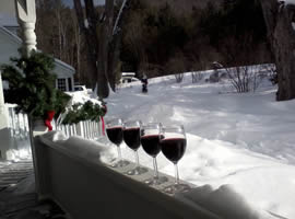 4 clear wine glasses each filled with red wine all lined up on cleared area of snow covered porch railing looking out into tree lined, very snowy yard