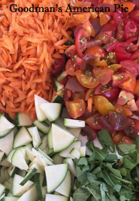 a close up shot looking down at four piles of vegetables nestled together. Top left is shredded carrots, moving clockwise to chopped red tomatoes, green leafy herbs, and chopped zucchini