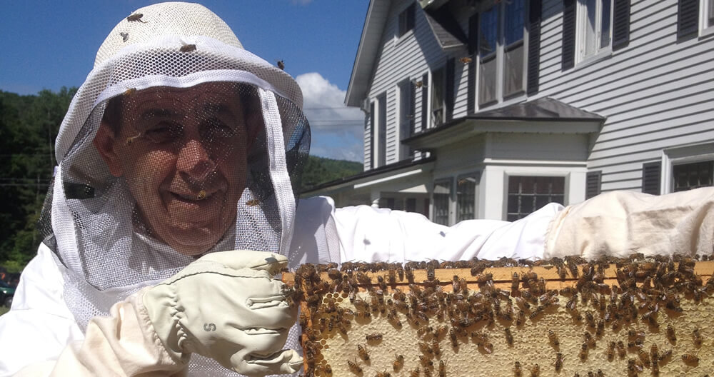 man in white protective suit holding honeycomb filled frame with bees flying around